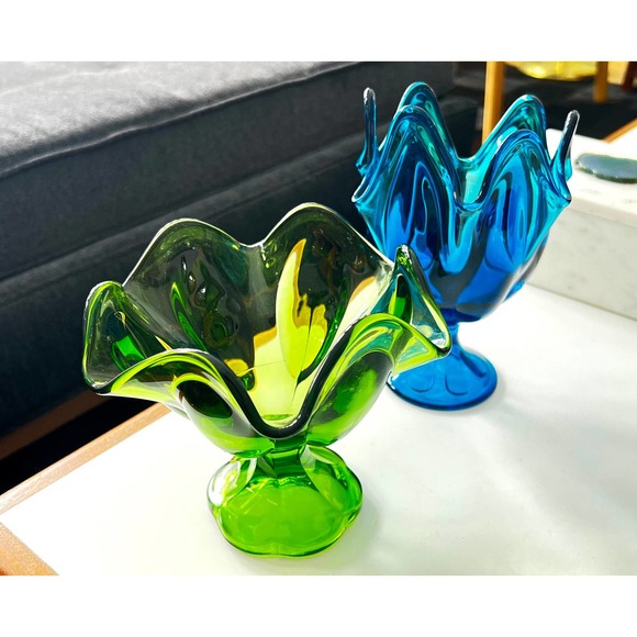 L E Smith Art Glass Compote Bowl Ruffled Emerald Green Simplicity Pattern - Picture 7 of 7